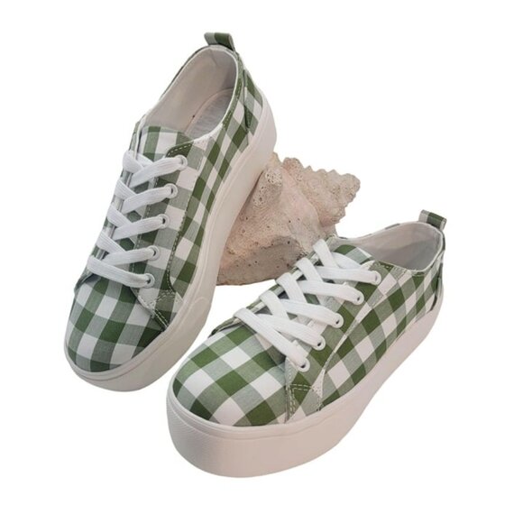 BUY ONE GET ONE FREE Soda Petal Lace up Platform Fashion Sneaker Khaki Gingham - Picture 2 of 7